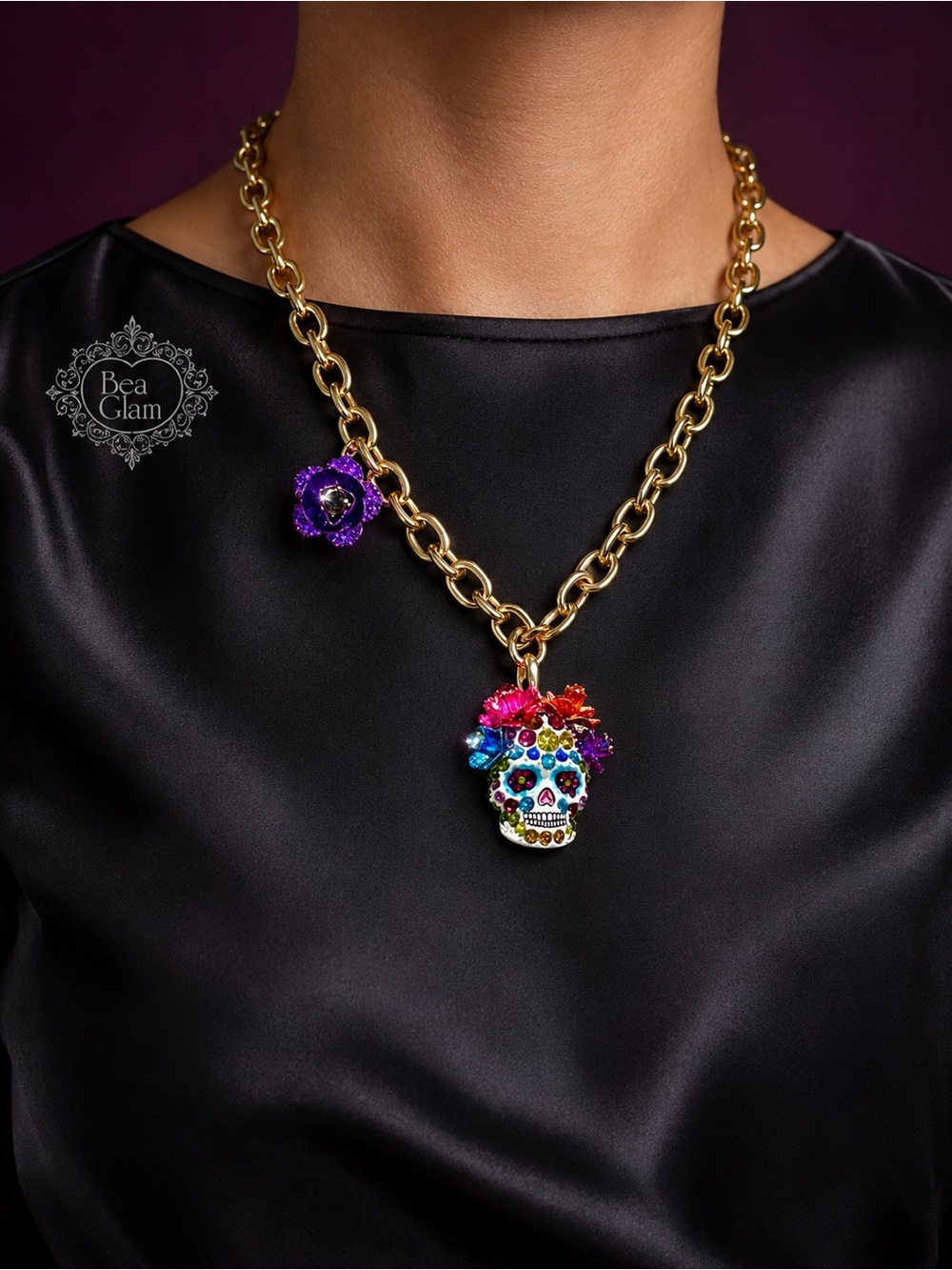 glam Gold Chain Necklace with Multicolor Sugar Skull and Purple Flower
